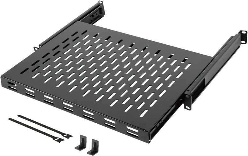 Tecmojo 1U Sliding Rack Shelf,4-Post Vented Rack Mount Shelf,13.8in Deep with Adjustable Mounting Depth 13.8-19.7in,Supports to 110lbs,for 19 Inch AV/Network Equipment Rack,Unassembled,Black - Image 1